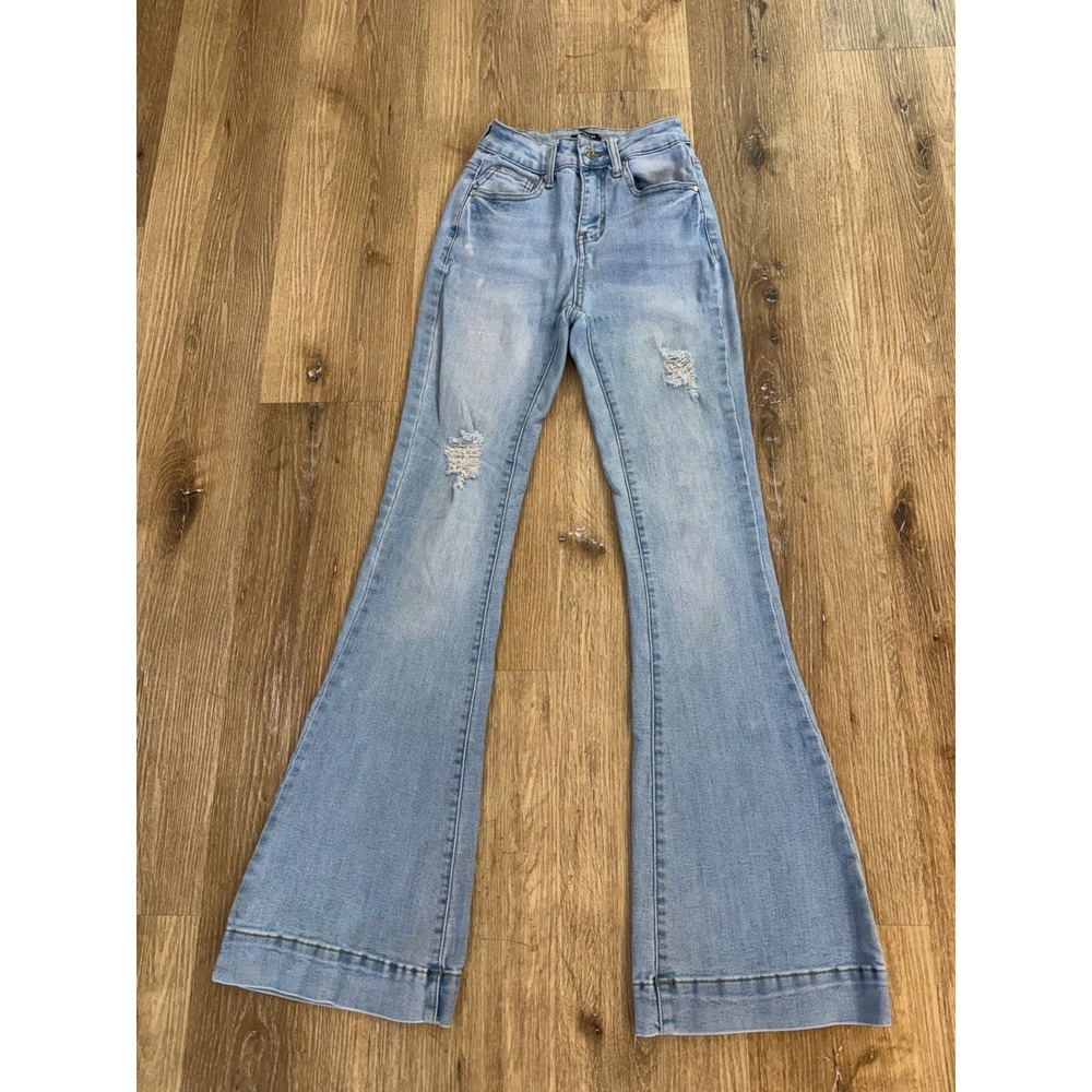 Kosch Flare Jeans Women 0 Light Wash Distressed High Rise Bell Bottom Denim Boho